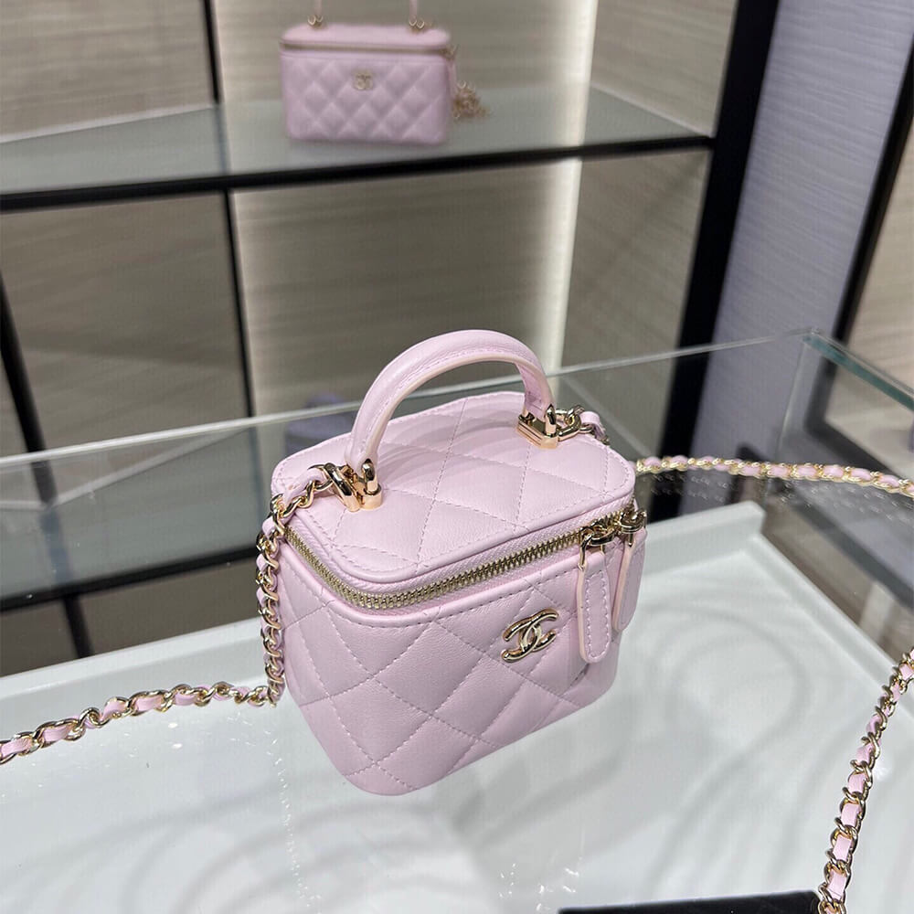 Ch*el quilted pearl crush mini vanity case with top handle